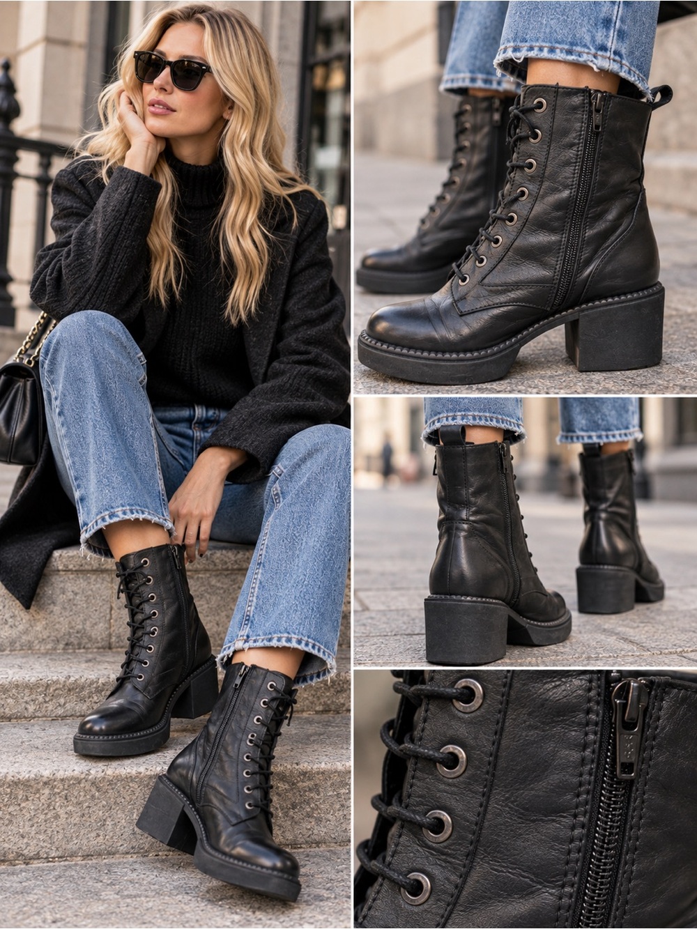 Emanuele Crasto Black Leather Combat Boots Chunky Heel Size EU39/US8,5